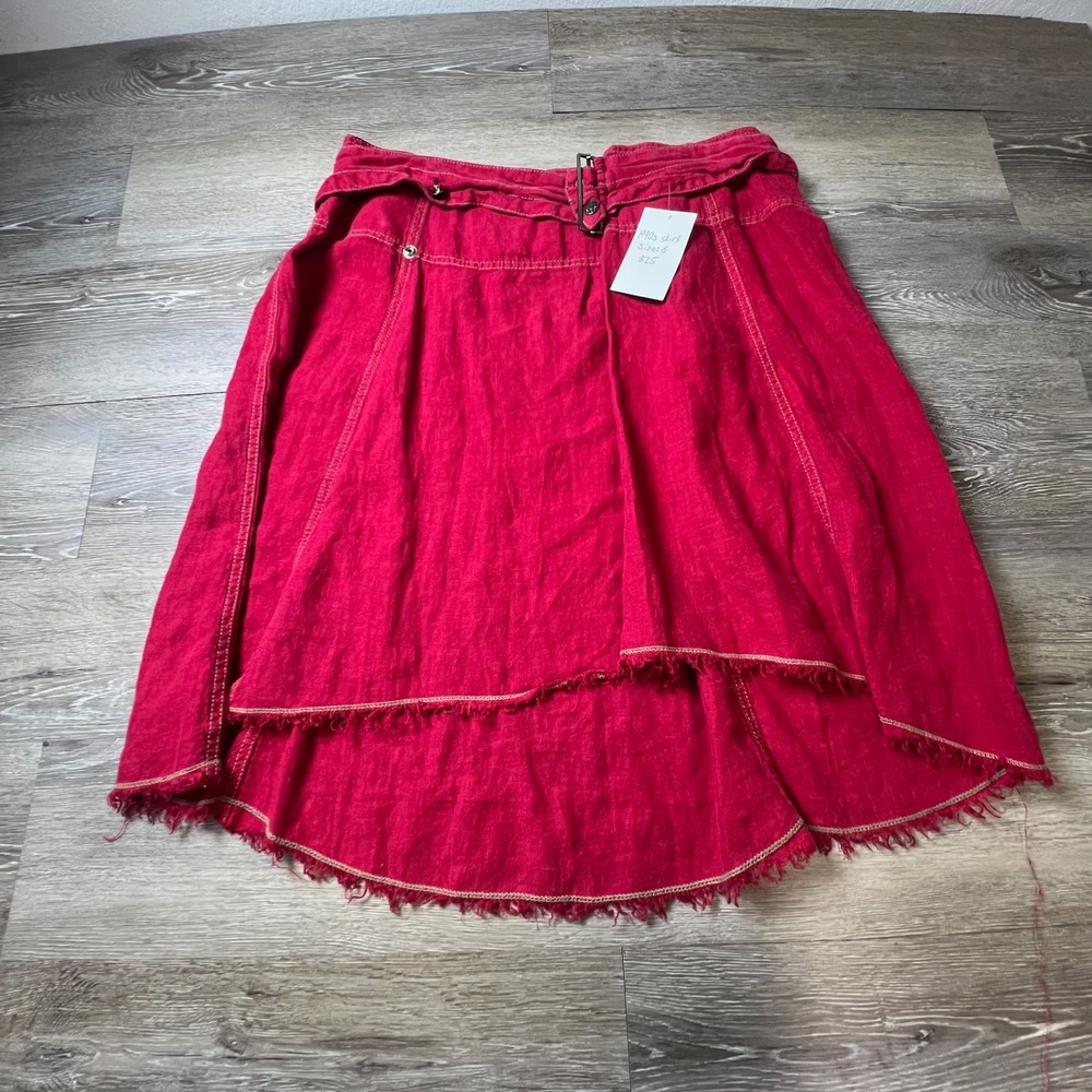Blue Dot Skirt Womens 8 Red High Low Midi 90s Style Frayed Hem Linen Blend USA